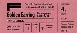 Golden Earring show ticket#2-5 March 04 1975 Hamburg (Germany) - Kongress Zentrum